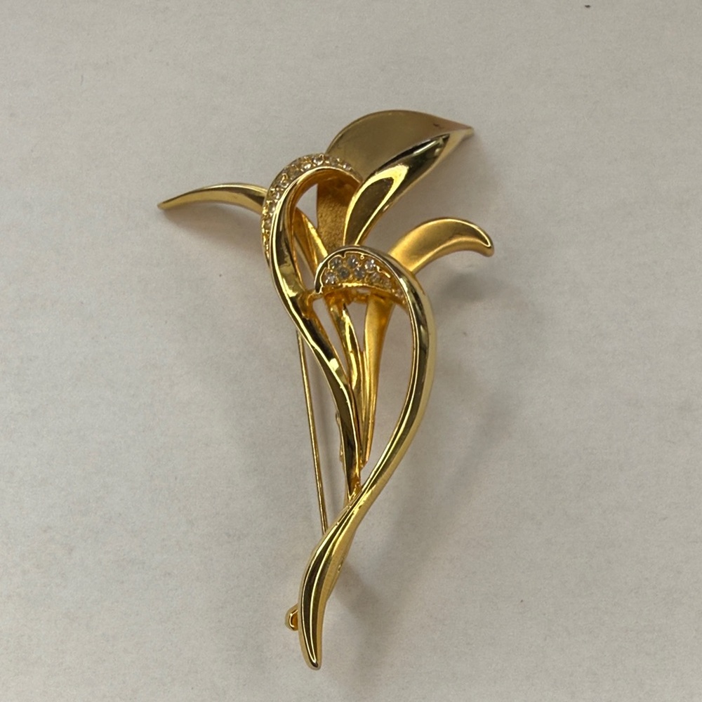 Vintage Gold Tone Pave Rhinestone Orchid Leaf Grass Brooch Pin 80s
